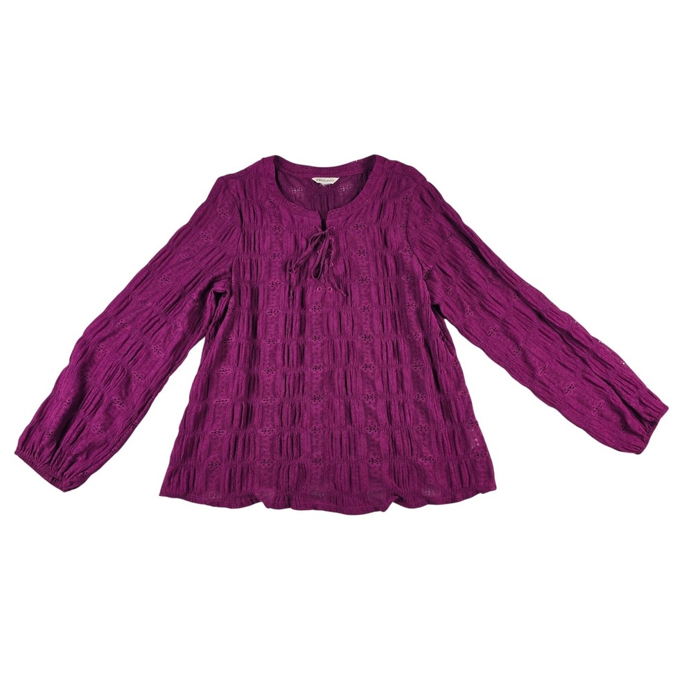 Frye and Co Eyelet Peasant Blouse Women Large Magenta Purple Lace Up Embroidery